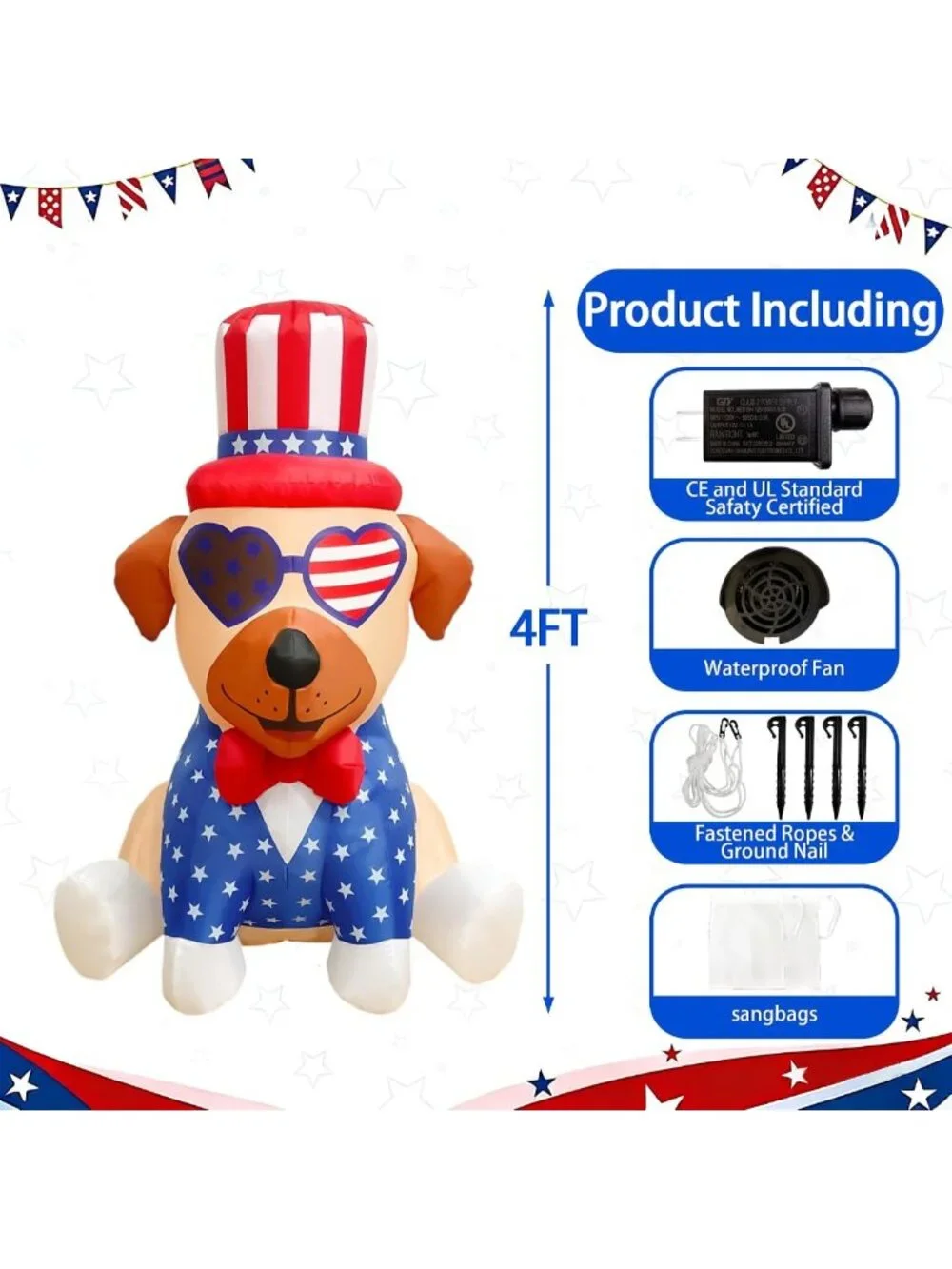 4FT Inflatable Patriotic Pug Decoration with LED Lights for 4th of July Yard